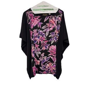 Bob Mackie Wearable Art Women M Pink Black Floral Tunic Kimono Sleeve Pullover